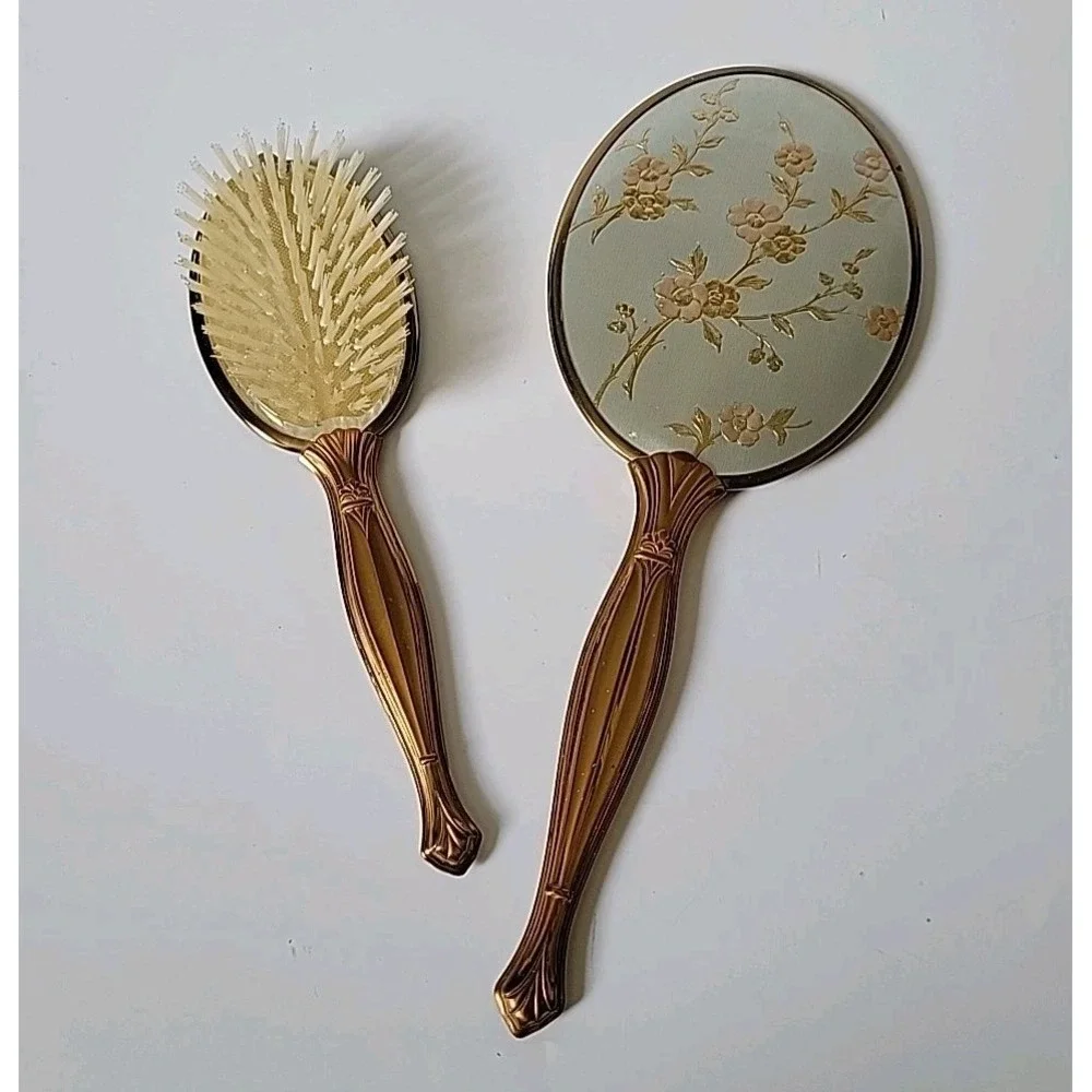 Vintage Handheld‎ Vanity Mirror Brush Set Brass Handle Ornate Floral Art Deco